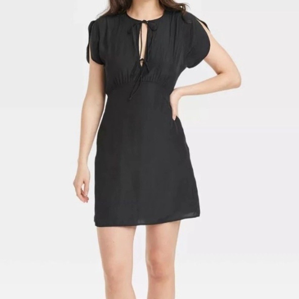 Universal Thread Tie Front Flutter Short Sleeve Mini Dress Womens Medium Black